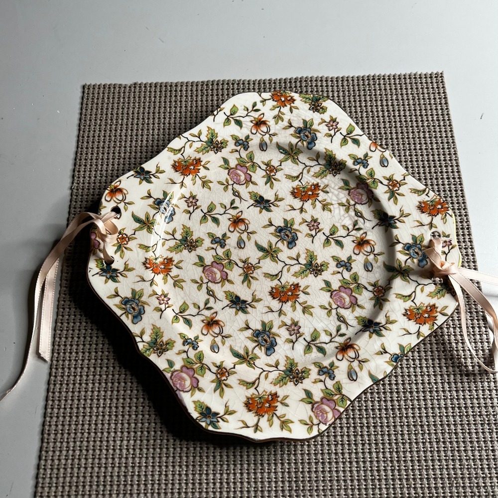 Vintage‎ Hand Painted Japan Floral Chintz Scalloped Square Plate Ribbon Accents